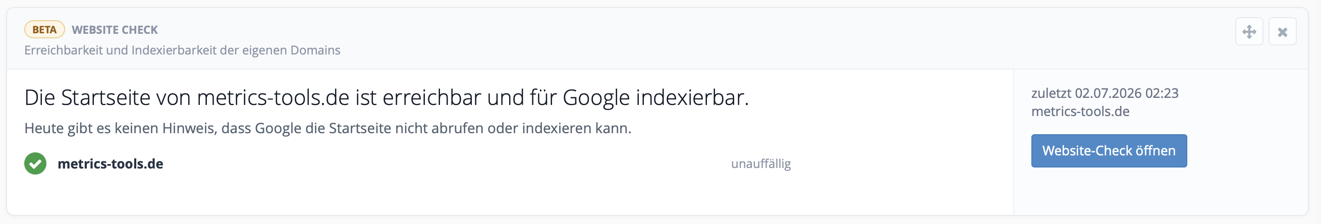 Die Website Check Card in der Projektübersicht