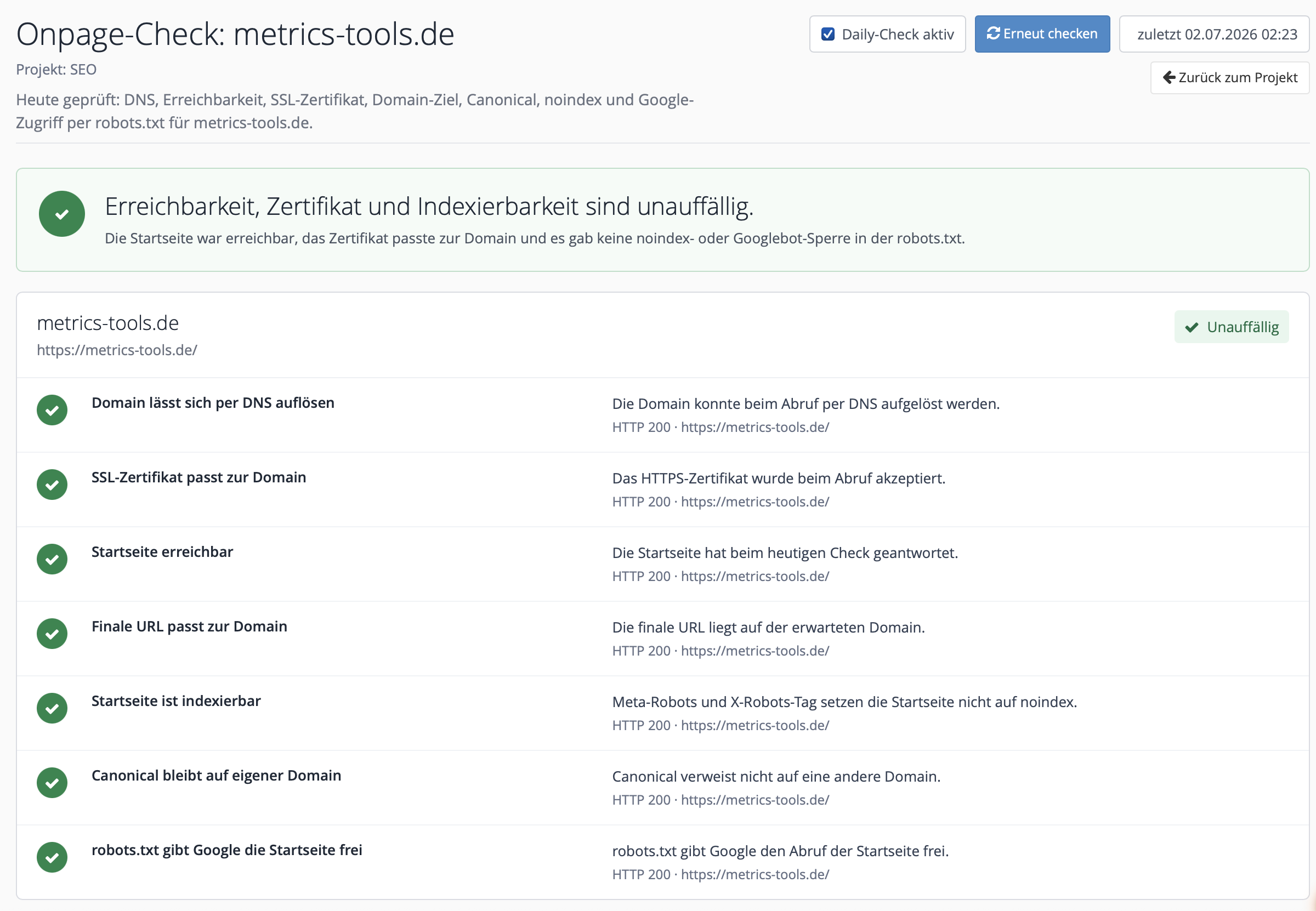 Alles grün - die Startseite der Domain ist in Ordnung und kann von Google erreicht und indexiert werden.