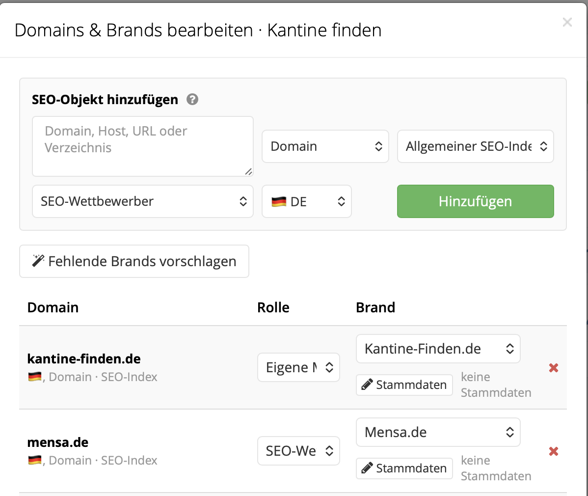 Domains und Brands manuell hinzufügen